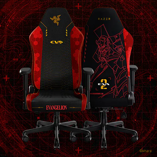 Gaming chairs with Evangelion theme; both feature black and red designs, with one showing Evangelion artwork and logos.; © khara