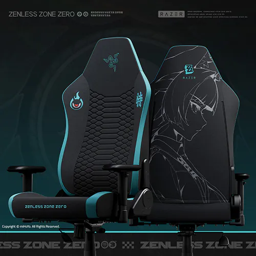 Gaming chair with "Zenless Zone Zero" branding, featuring logo, side panels, and a detailed line art of a character, in black and teal.; Copyright © miHoYo. All Rights Reserved.