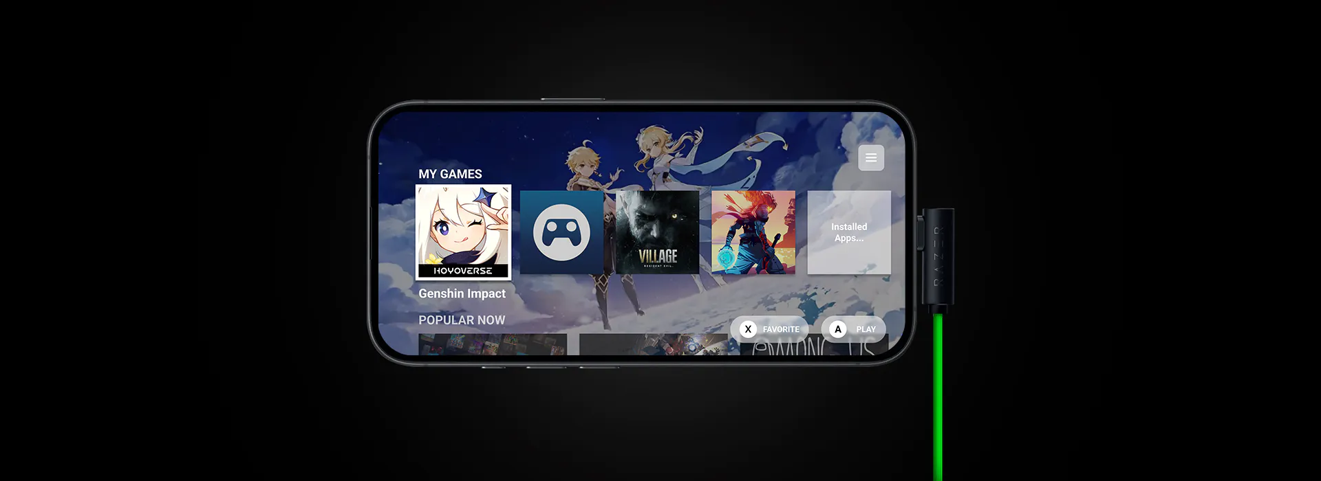 Smartphone with gaming apps and a Razer accessory attached, displayed on a black background.