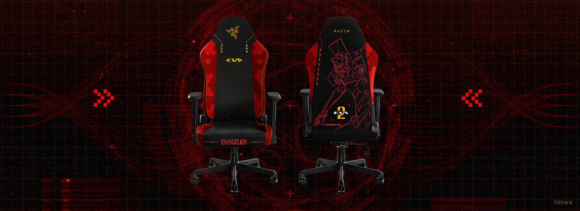Two gaming chairs with Evangelion-themed designs, black and red, featuring "EVA," "EVANGELION," and a drawing of a character with a sword.; © khara