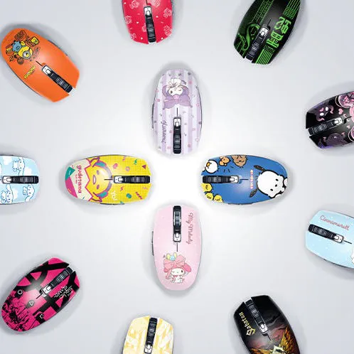 Various colorful computer mice with cartoon designs and texts, arranged in a circular pattern on a light background.