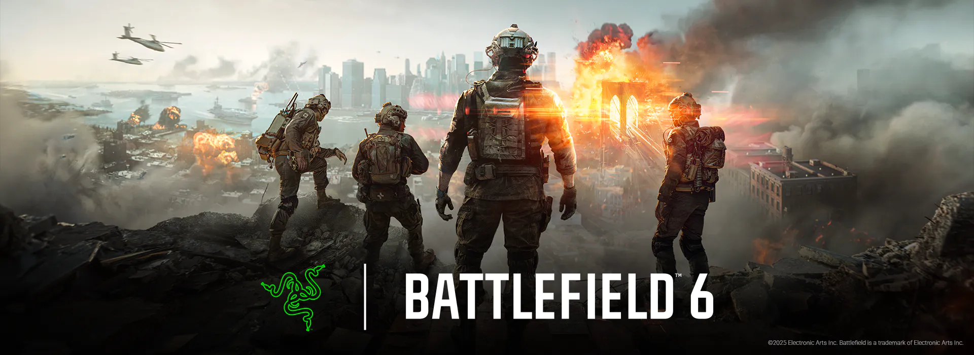 Soldiers in combat gear overlooking a burning city with explosions, Battlefield 6 logo and Razer logo. ©2025 Electronic Arts Inc. Battlefield is a trademark of Electronic Arts Inc.