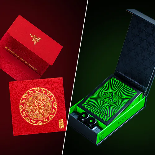 Red envelopes with gold designs on left; a green Razer gaming mouse in a box with a glowing snake logo on the right.