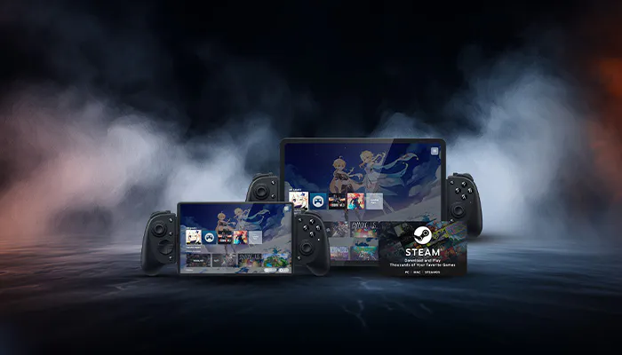 A gaming console setup with a tablet, two controllers, a Steam deck, and a Steam logo, all set against dark, smoky background.