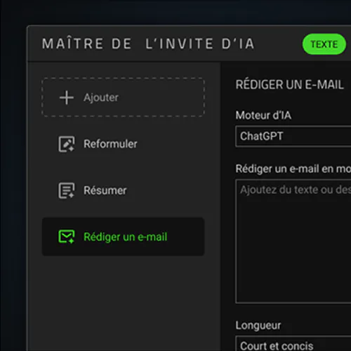 Screen displaying a menu with options to add, reformulate, summarize, or draft an email, with the active "Rédiger un e-mail" highlighted.