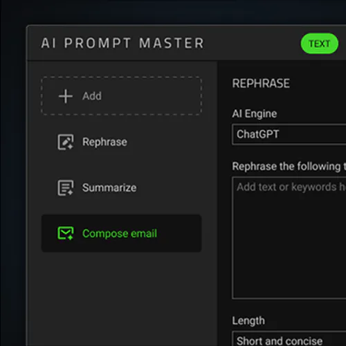 Screenshot of an AI prompt master interface, showing options: Add, Rephrase, Summarize, Compose email, with settings for AI engine and rephrasing. Compose email is activated