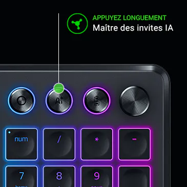 Top view of a black keyboard with blue and pink backlit keys, and instruction text in French: "APPUYEZ LONGEMENT Maître des invites IA."