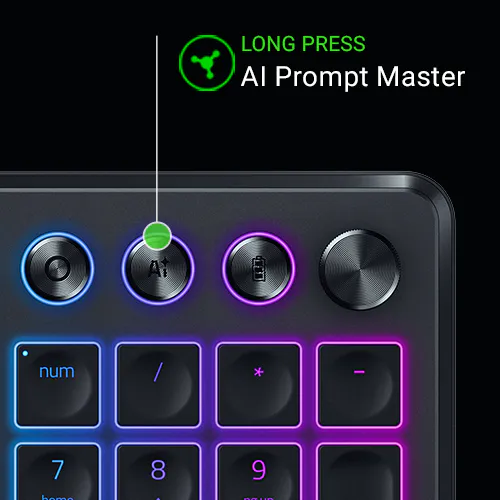 Close-up of a keyboard with glowing keys, highlighting a green prompt button labeled "LONG PRESS AI Prompt Master" with a small icon.