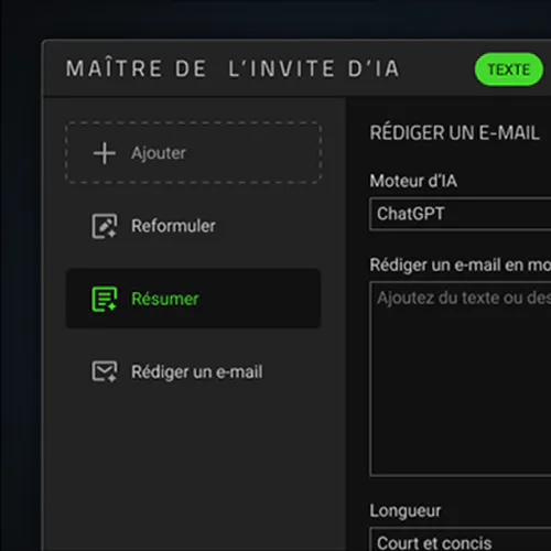Screen interface titled "Maître de l'invité d'AI," with options to add, reformulate, summarize, or email, and settings for AI model and email content.