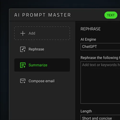 Screenshot of an AI prompt master interface, showing options: Add, Rephrase, Summarize, Compose email, with settings for AI engine and rephrasing. Summarize is activated