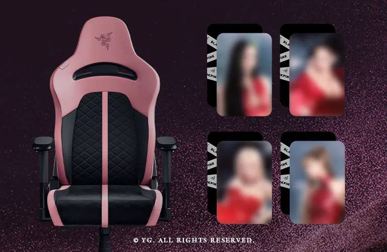 Pink gaming chair with black accents, four blurred photos of women in red outfits, and a dark speckled background.