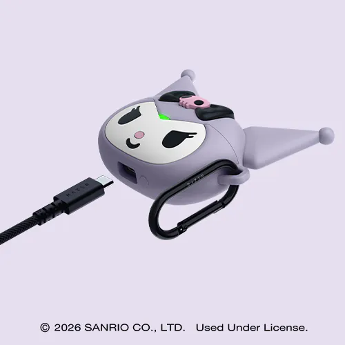 Earbuds case with Kuromi Edition and USB Type C cable; © 2026 SANRIO CO., LTD. Used Under License.