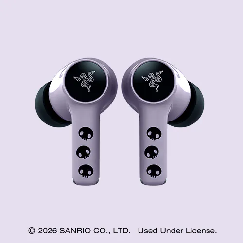 Front view of the earbuds Razer Hammerhead V3 X Hyperspeed; © 2026 SANRIO CO., LTD. Used Under License.