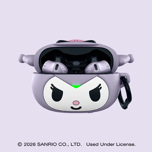 Front view of the earbuds inside the case opening; © 2026 SANRIO CO., LTD. Used Under License.
