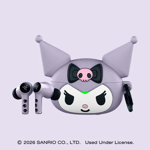 The earbuds is on left of the case; © 2026 SANRIO CO., LTD. Used Under License.
