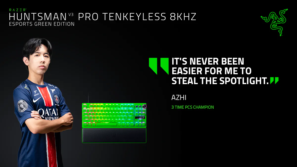 razer huntsman v3 pro tenkeyless 8khz esports green edition with headshot of ahzi, 3-time pcs champion. blockquote: it's never been easier for me to steal the spotlight.
