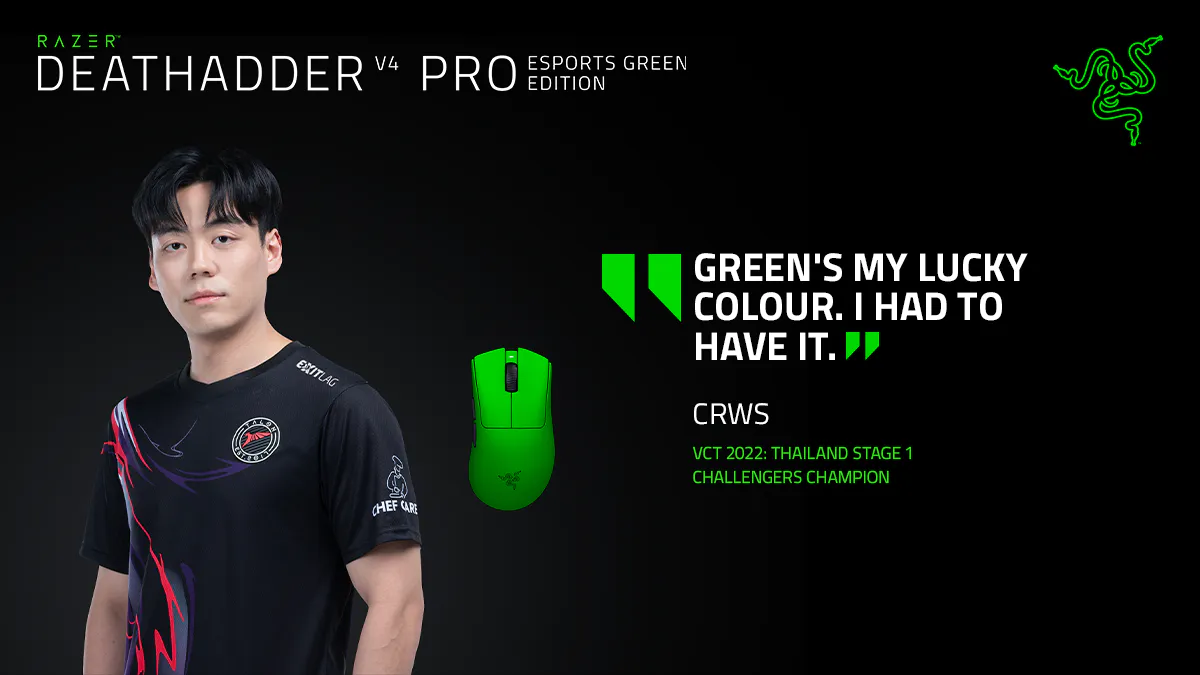 razer deathadder v4 pro esports green edition with headshot of crws, vct 2022: thailand stage 1 challengers champion. blockquote: green's my lucky colour. i had to have it.