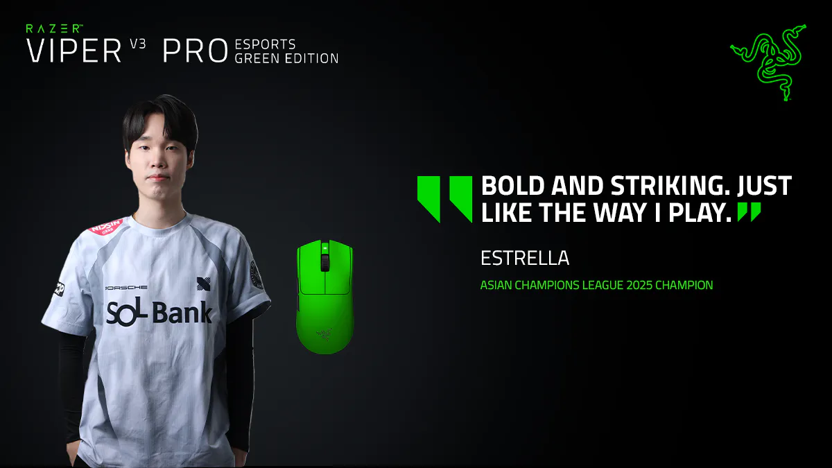 razer viper v3 pro esports green edition with headshot of estrella, asian champions league 2025 champion. blockquote: bold and striking. just like the way i play.