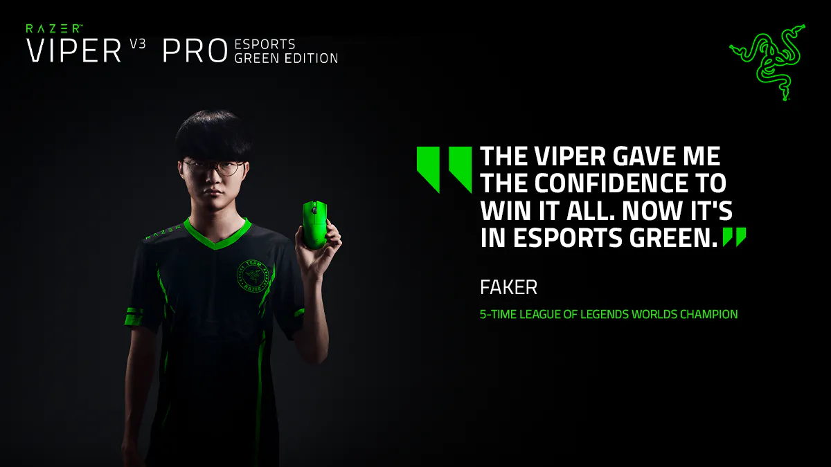 razer viper v3 pro esports green edition with headshot of faker, 5-time league of legends worlds champion. blockquote: the viper gave me the confidence to win it all. now it's in esports green.