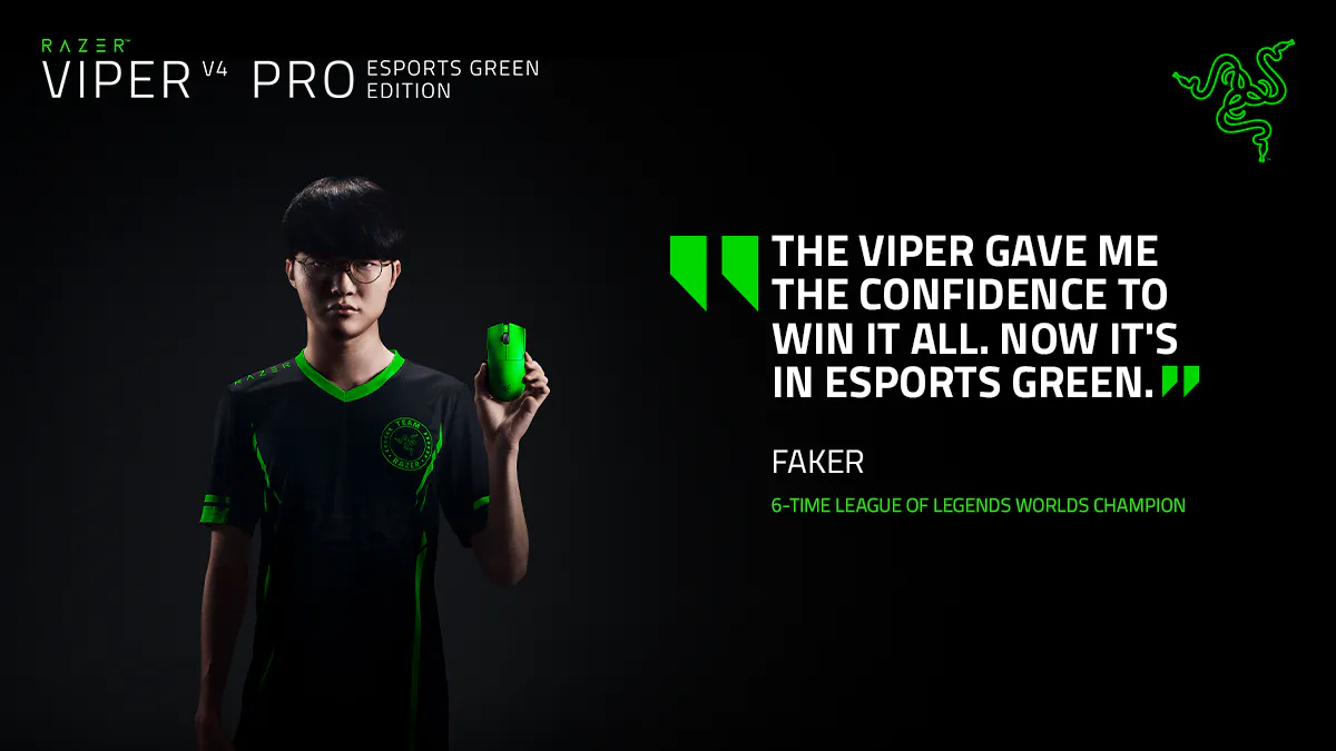 razer viper v4 pro esports green edition with headshot of faker, 5-time league of legends worlds champion. blockquote: the viper gave me the confidence to win it all. now it's in esports green.