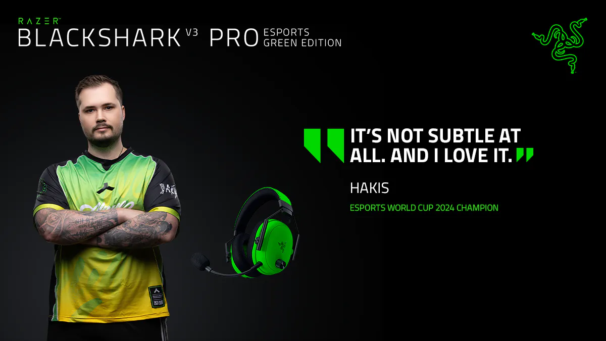 razer blackshark v3 pro esports green edition with headshot of hakis, esports world cup 2024 champion. blockquote: it's not subtle at all. and i love it.