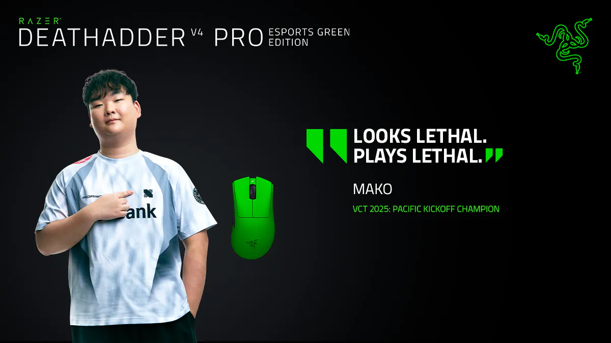 razer deathadder v4 pro esports green edition with headshot of mako, vct 2025: pacific kickoff champion. blockquote: looks lethal. plays lethal.