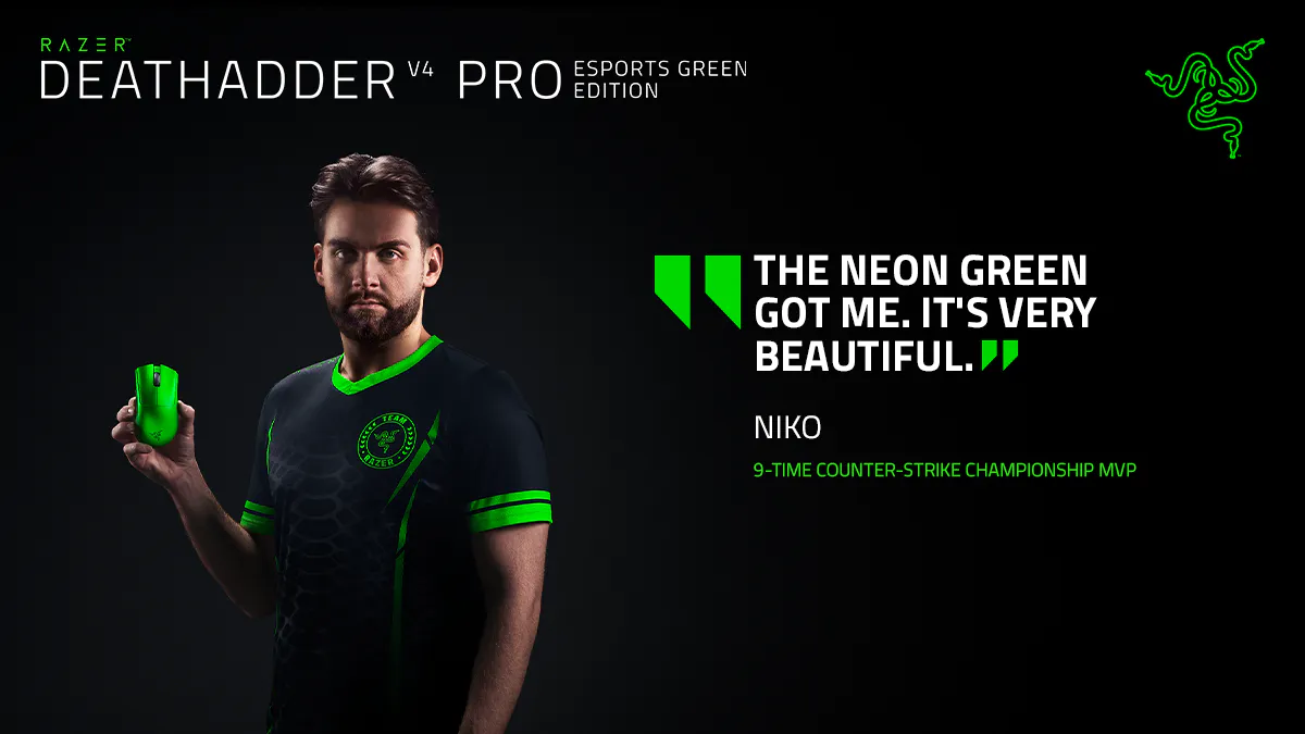 razer deathadder v4 pro esports green edition with headshot of niko, 9-time counter-strike championship mvp. blockquote: the neon green got me. it's very beautiful.