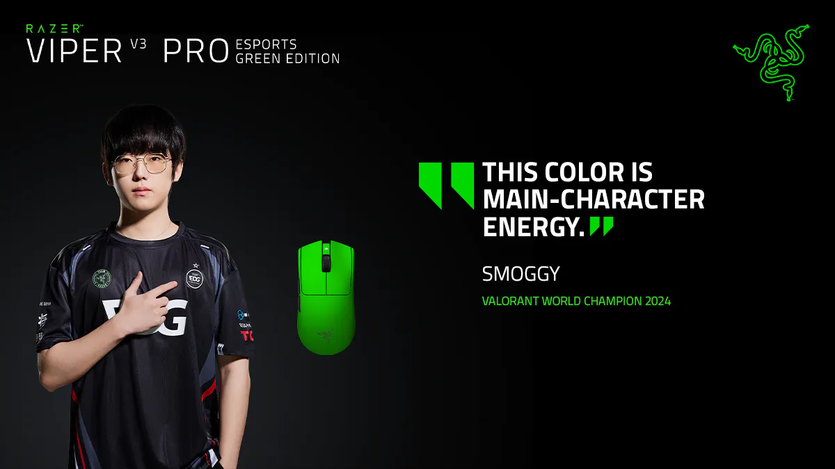 razer viper v3 pro esports green edition with headshot of smoggy, valorant world champion 2024. blockquote: this color is main-character energy.
