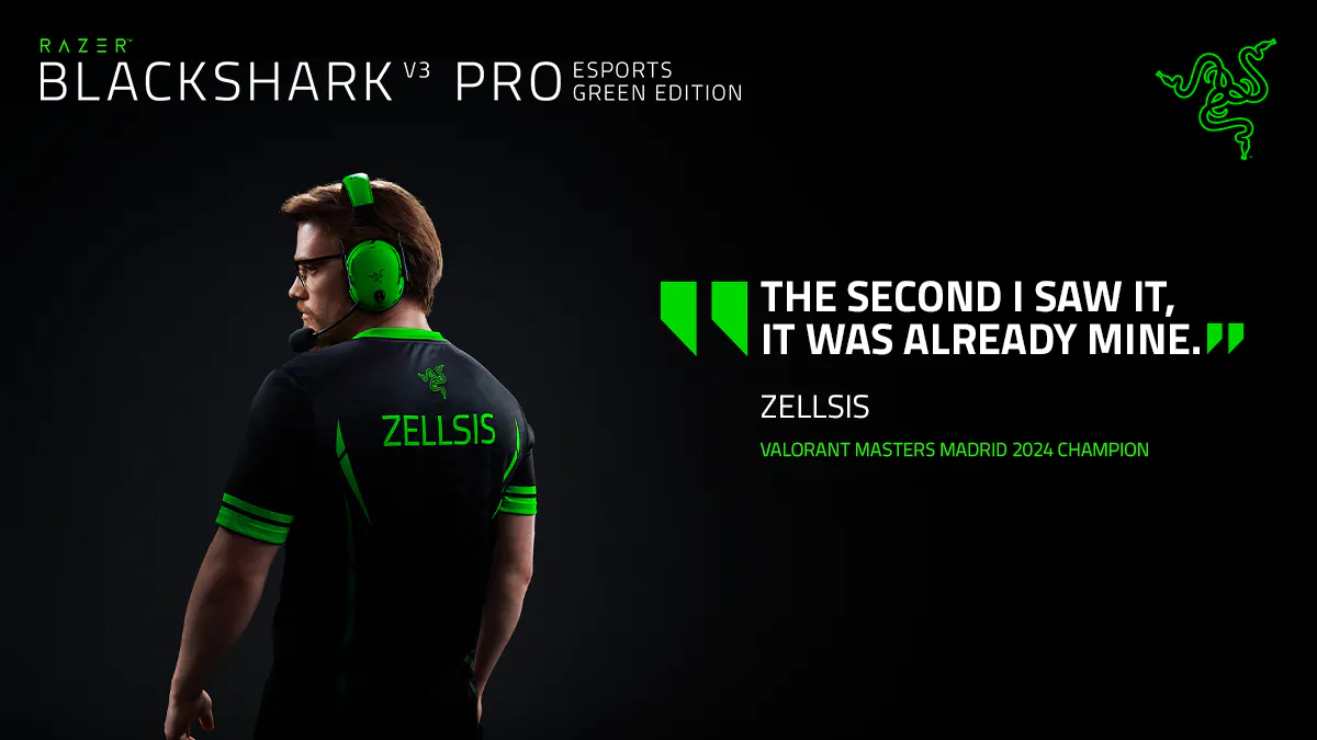 razer blackshark v3 pro esports green edition with headshot of zellsis, valorant masters madrid 2024 champion. blockquote: the second i saw it, it was already mine.