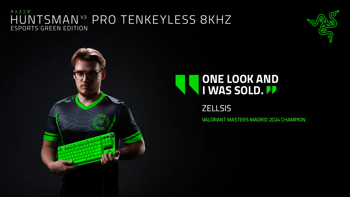 razer huntsman v3 pro tenkeyless 8khz esports green edition with headshot of zellsis, valorant masters madrid 2024 champion. blockquote: one look and i was sold.