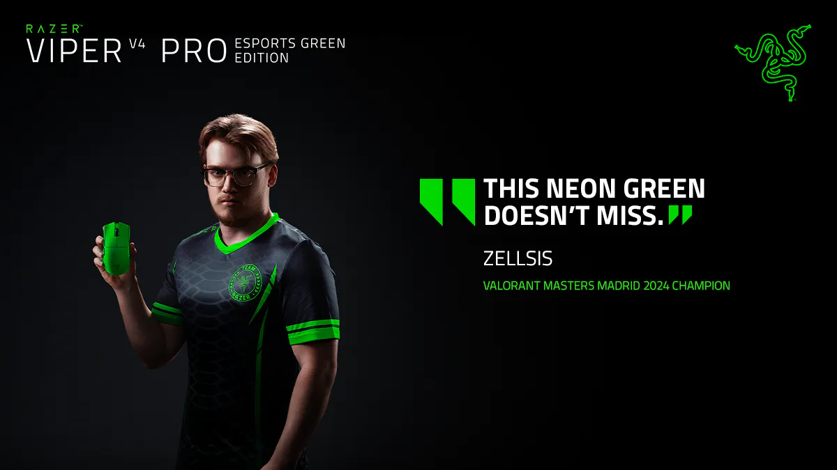 razer viper v4 pro esports green edition with headshot of zellsis, valorant masters madrid 2024 champion. blockquote: this neon green doesn't miss.