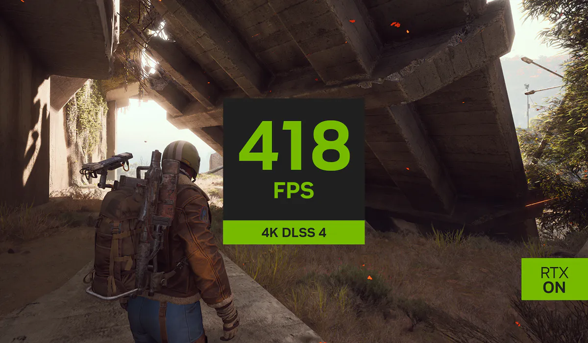 A scene from a video game showing a soldier under a bridge with FPS overlay of 418, using 4K DLSS 4, RTX ON.