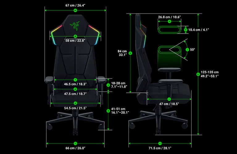 Diagram of a gaming chair with detailed measurements