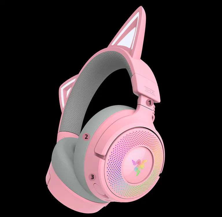 Razer Kraken Kitty V3 Pro; 1. Headband; 2. Ear cushion; 3. Control button