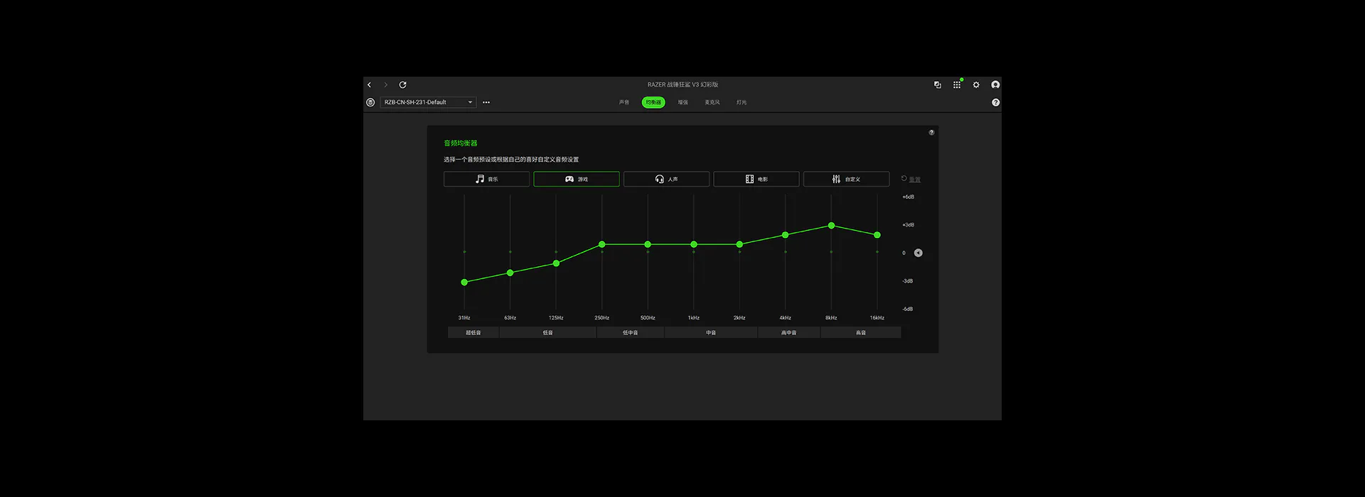 Dark software interface showing a green line graph titled "音频频率" (Audio Frequency) with frequency labels from 31Hz to 16kHz.