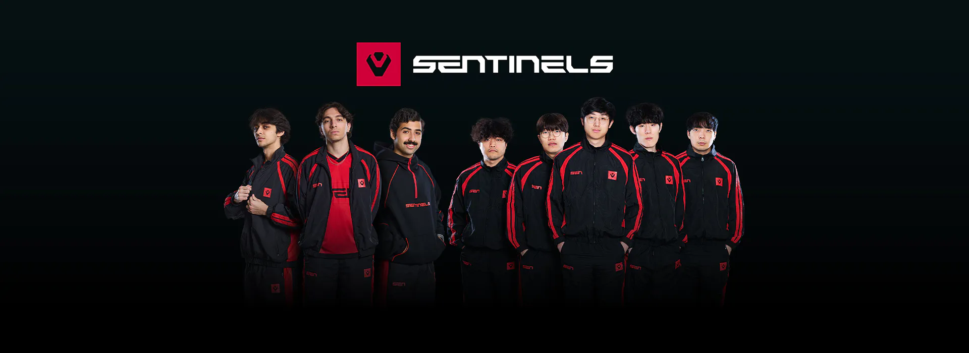 esports players pose in black and red team jackets with "SENTINELS" logo above.