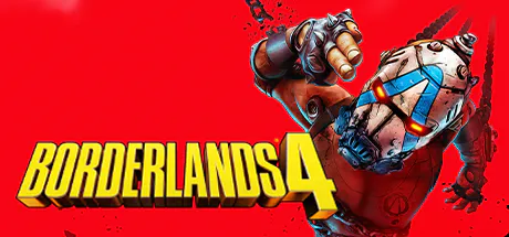 Logo for Borderlands 4 with a red background, featuring a robotic character holding a grenade and the game title in bold yellow letters.