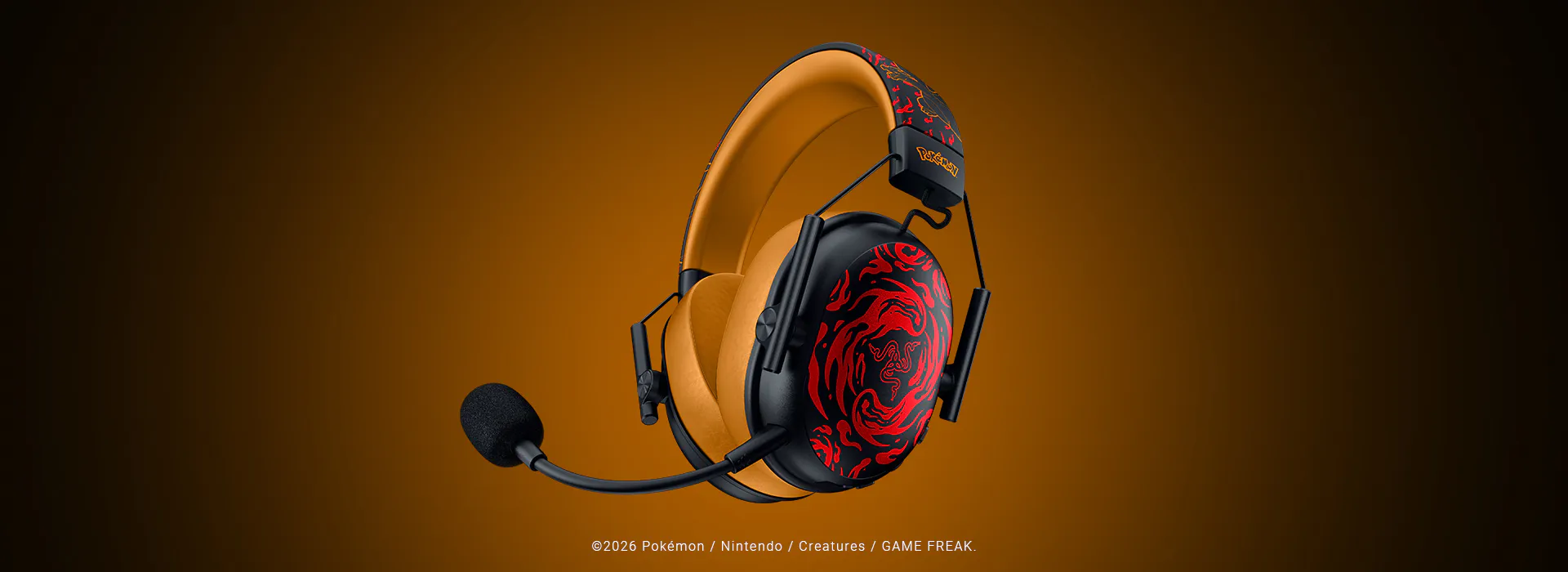 Low-angle 3/4 view of Razer BlackShark V3 X HyperSpeed - Charizard Edition with sound wave around. ©2026 Pokémon / Nintendo / Creatures / GAME FREAK.