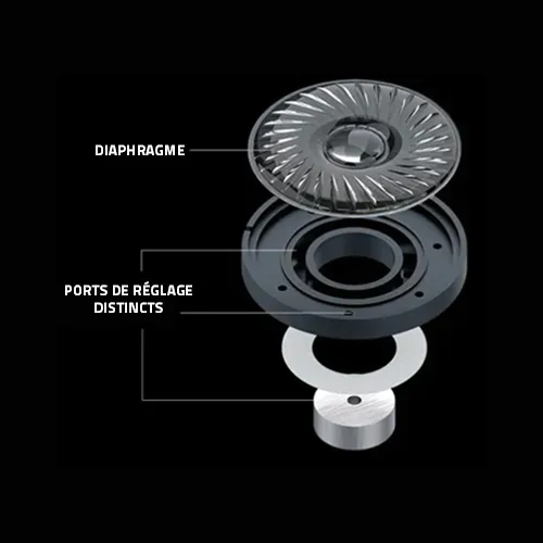 Exploded view of a speaker component showing diaphragm, distinct tuning ports, and other parts, with labels in French.