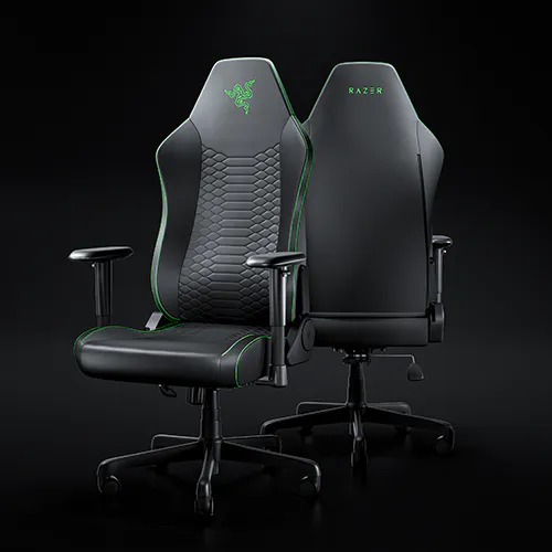 Two Razer gaming chairs shown from the back and front, with black mesh seats, green accents, and adjustable armrests.