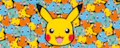 Colorful Pikachu illustration with a background of yellow, orange, and blue shapes, featuring Pikachu's face and lightning bolt tail.