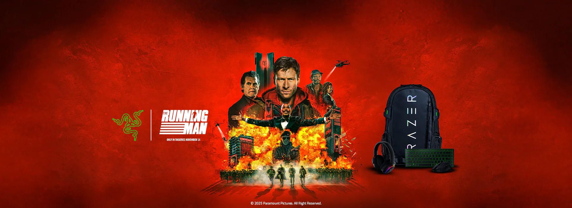 Razer | The Running Man Giveaway visual with logos and tagline “Only in Theatres November 14.” © 2025 Paramount Pictures. All rights reserved.