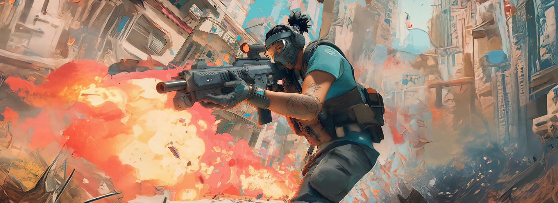 A female soldier with tattoos, aiming a rifle amid explosions and urban destruction, wearing tactical gear and a helmet.