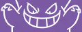 A cartoon purple creature with a wide, mischievous grin and sharp eyes, showing sharp teeth and raised eyebrows.