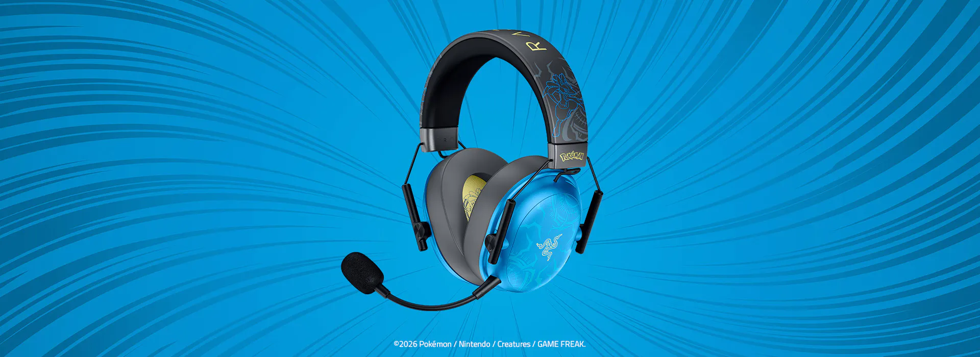 3/4 view of Razer BlackShark V3 X HyperSpeed - Lucario Edition. ©2026 Pokémon / Nintendo / Creatures / GAME FREAK.