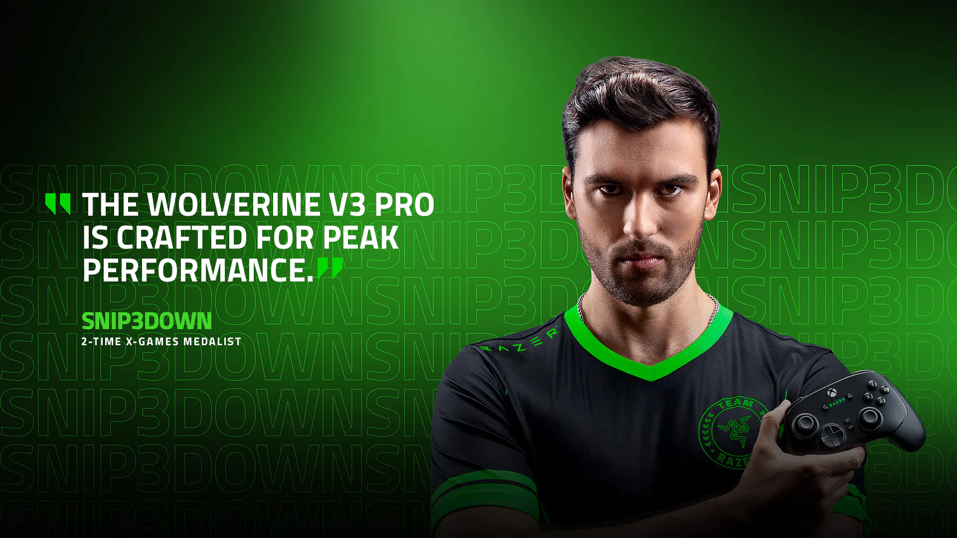 A man in a black and green esports jersey holds a gaming controller, with the text "The Wolverine V3 Pro is crafted for peak performance."