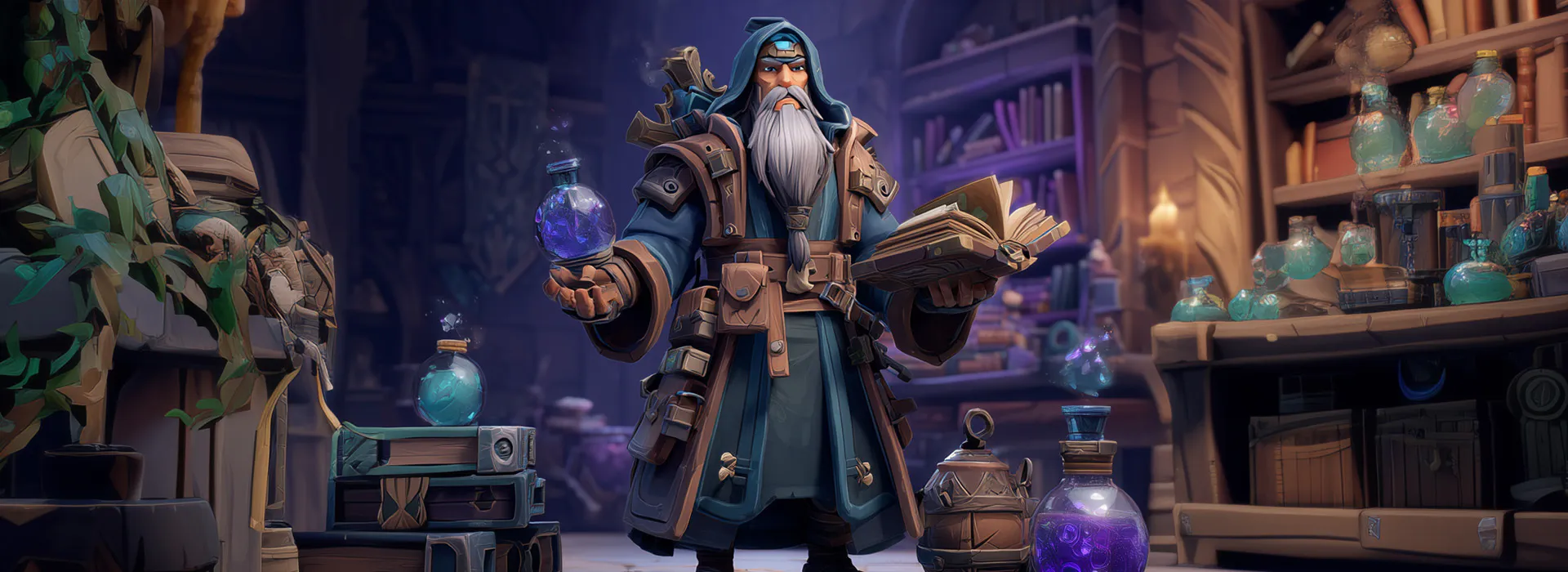 A wise old mage with a gray beard, holding a glowing blue potion and open books in a magical alchemy library filled with bottles and shelves.