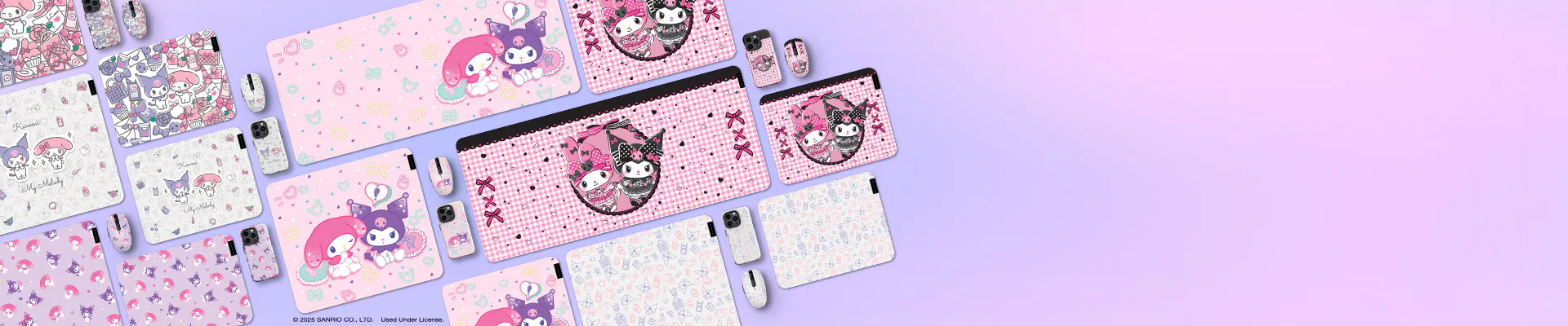 Collection of cute Sanrio-themed laptop skins and accessories with pastel pink, purple, and white designs featuring characters like My Melody and Kuromi.
