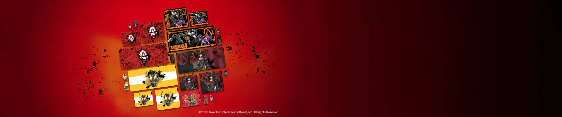 A digital splash screen for "Borderlands 4" with cover art, gameplay images, and titles against a red background.