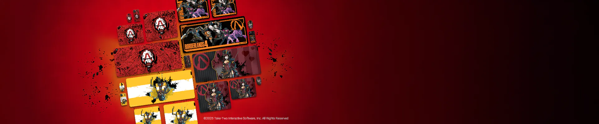 A series of Borderlands 3 game merchandise and artwork, including boxed cards, posters, and themed graphics on a red background.